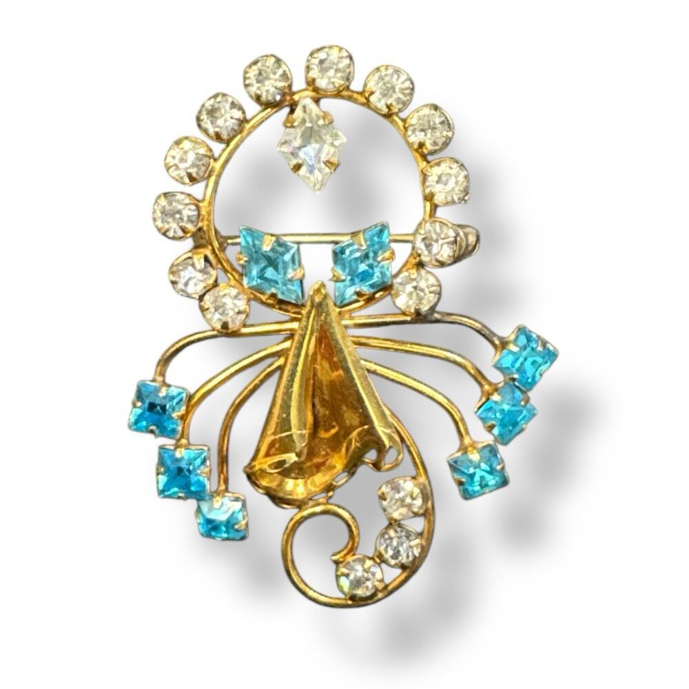 DeCurtis Brooch Pendant  1/20 GF Yellow Gold Filled Crystals Blue Vintage Signed